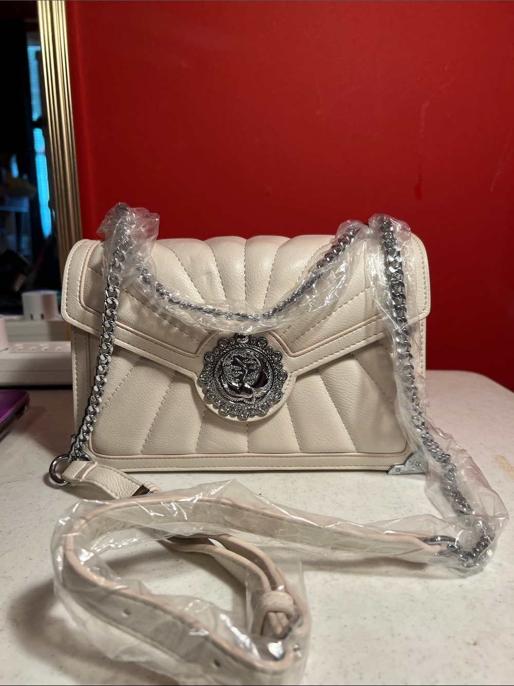 Cream Quilted Chain-Handle Shoulder Bag